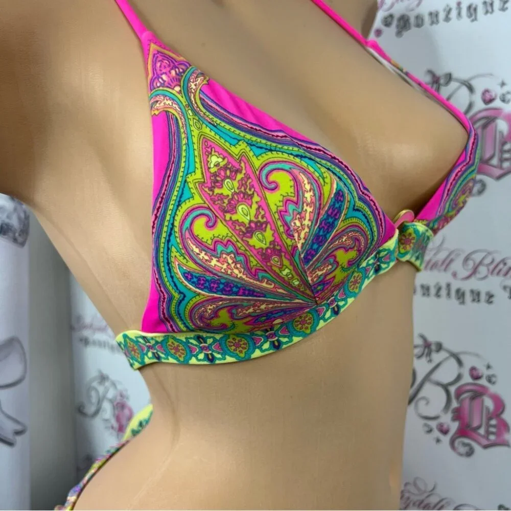 Victoria's Secret 2 piece set bikini boho metal neon Multicolor Paisley Bikini